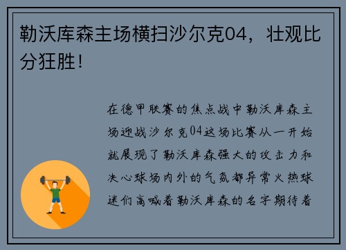 勒沃库森主场横扫沙尔克04，壮观比分狂胜！